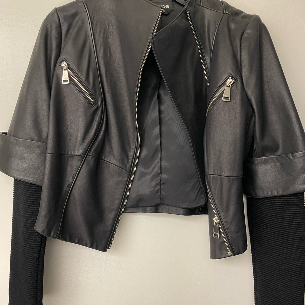 Bebe Black Cropped Leather Jacket with Tailored Fit